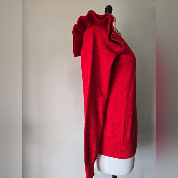 MOLLY BRACKEN NWT Red Sparkle V-Neck Sweater with Ruffle Shoulders. Size Large - Picture 4 of 13